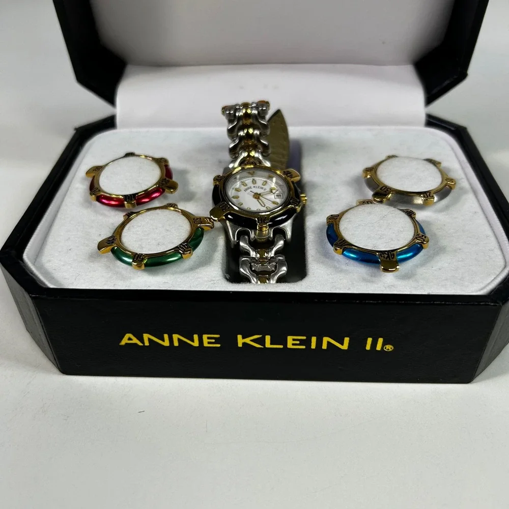 Anne‎ Klein II Vintage Watch Set Two Tone Leather Strap 4 Interchangeable Bezels